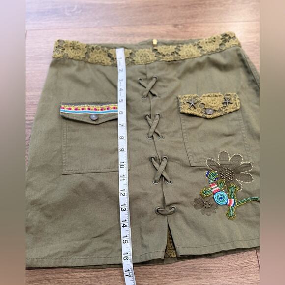 Desigual Olive Green Mini Skirt With Embroidery and Lace Details Size Small - Picture 9 of 10
